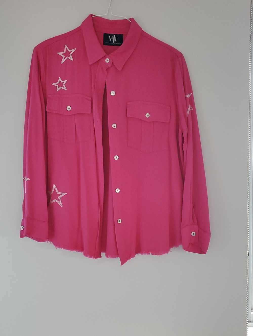 Pink Star-Embroidered Button-Up Blouse
